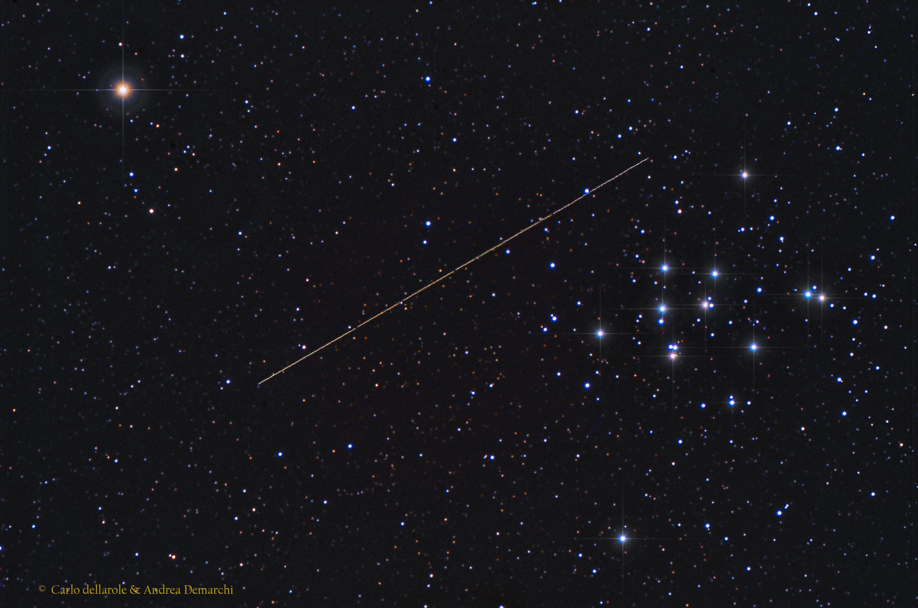 Open cluster M44 with NEO 2004 BL86 photographed in January 27, 2015 by Carlo Dellarole and Andrea Demarchi from Castelnuovo Nigra (To): 517 KB; click on the image to enlarge at 3033x2010 pixels